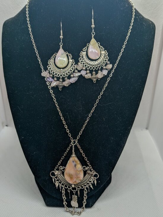Handmade Jewelry - Handmade Leopard Jasper Necklace & Dangle Earrings Filigree Boho Set